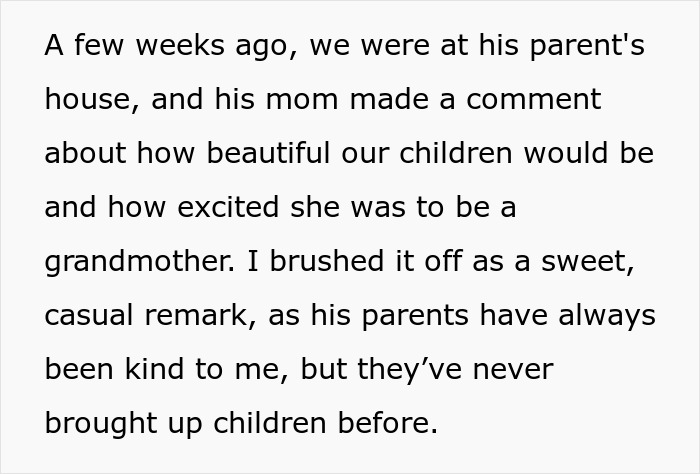 Text image discussing a boyfriend's parents and their comments about future grandchildren. Text image discussing a boyfriend's parents and their comments about future grandchildren.