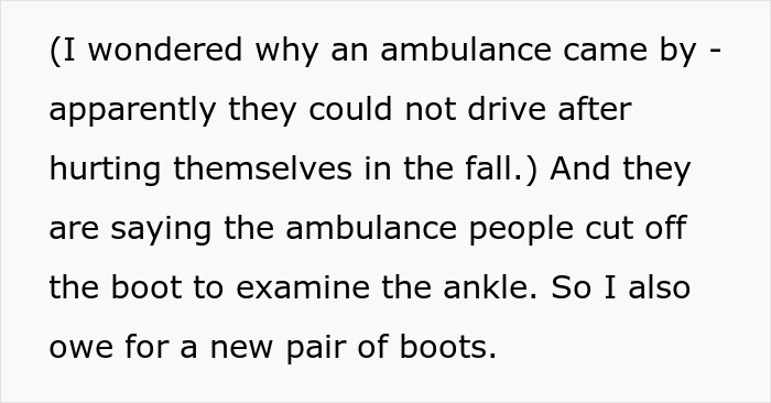 Text excerpt about an ambulance incident involving a fall and boots being cut off for an ankle examination. Text excerpt about an ambulance incident involving a fall and boots being cut off for an ankle examination.