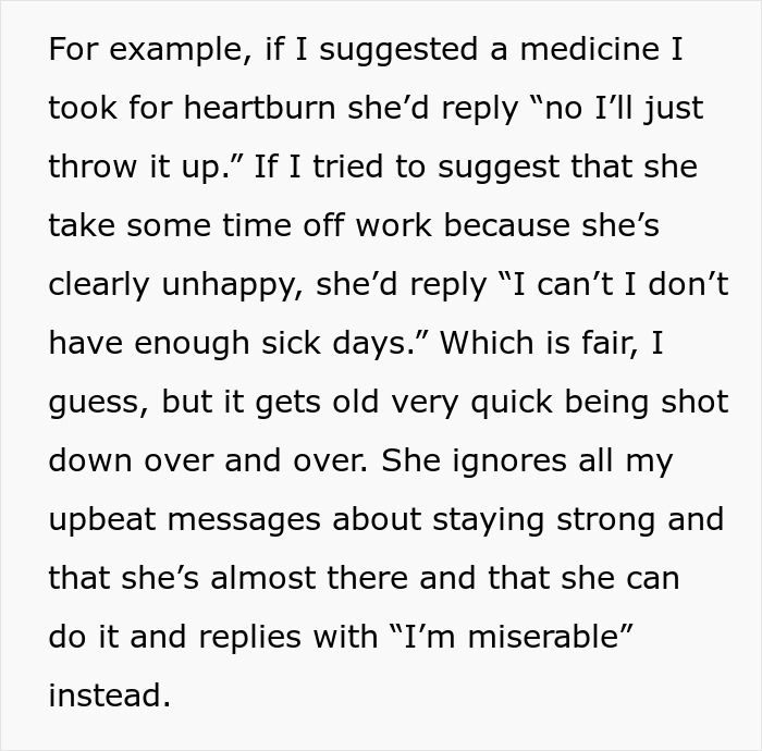 Text complaining about a friend's pregnancy concerns and rejecting supportive advice. Text complaining about a friend's pregnancy concerns and rejecting supportive advice.