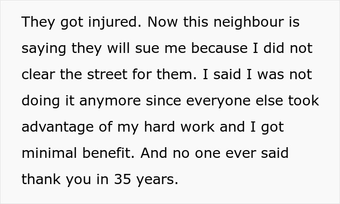 Text excerpt about neighbors upset over snow shoveling, mentioning injury and lawsuit threats. Text excerpt about neighbors upset over snow shoveling, mentioning injury and lawsuit threats.