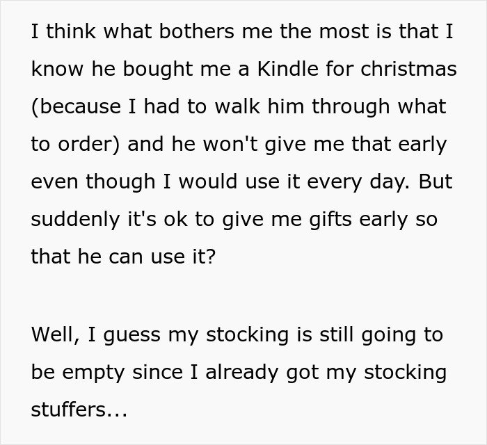 Text about Christmas gift anticipation and the frustration of not receiving it early. Text about Christmas gift anticipation and the frustration of not receiving it early.