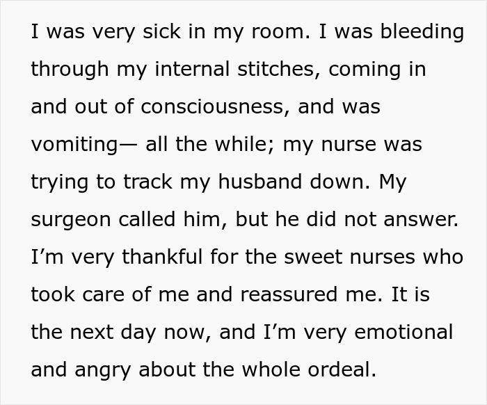 Text describing a woman's experience after surgery and lack of support from her husband. Text describing a woman's experience after surgery and lack of support from her husband.