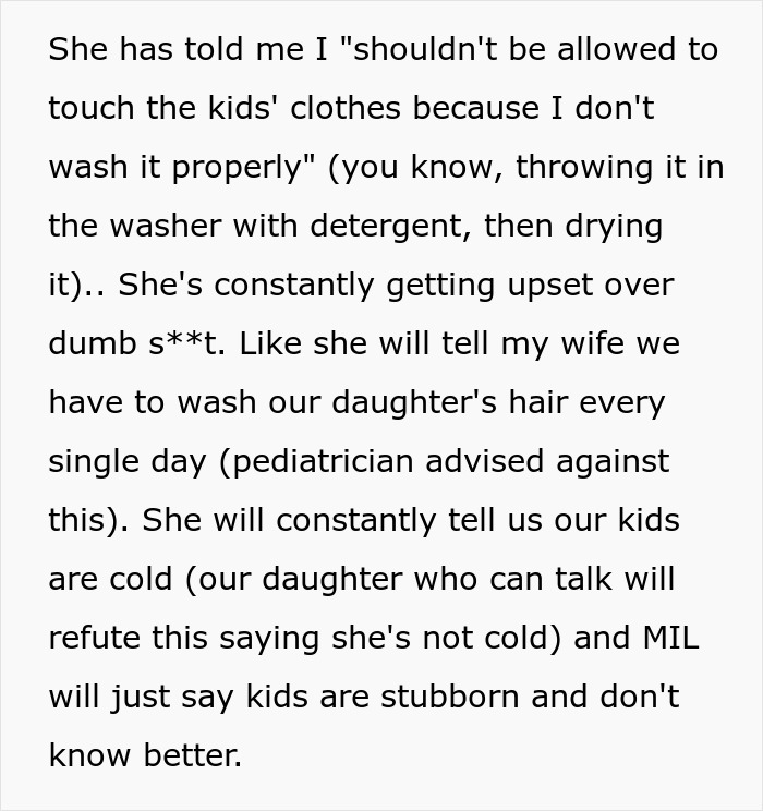 Text exchange about overbearing MIL criticizing dad on parenting skills. Text exchange about overbearing MIL criticizing dad on parenting skills.