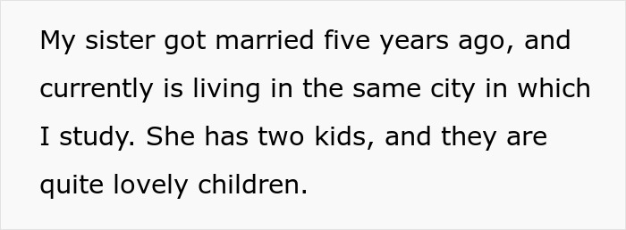 Text reads about a sister married for five years, living nearby with two lovely kids. Text reads about a sister married for five years, living nearby with two lovely kids.