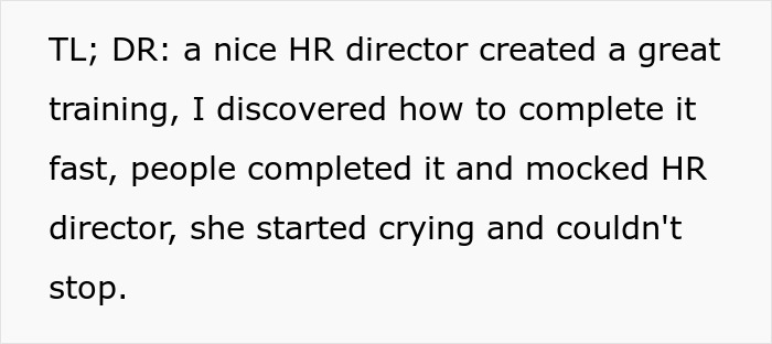 Text about HR director's breakdown after training completion issues. Text about HR director's breakdown after training completion issues.