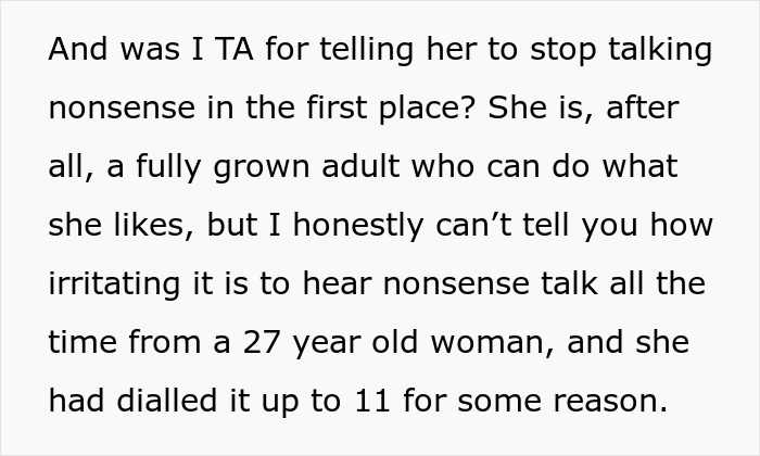 Text criticizing a 27-year-old woman for using irritating nonsense talk all the time. Text criticizing a 27-year-old woman for using irritating nonsense talk all the time.