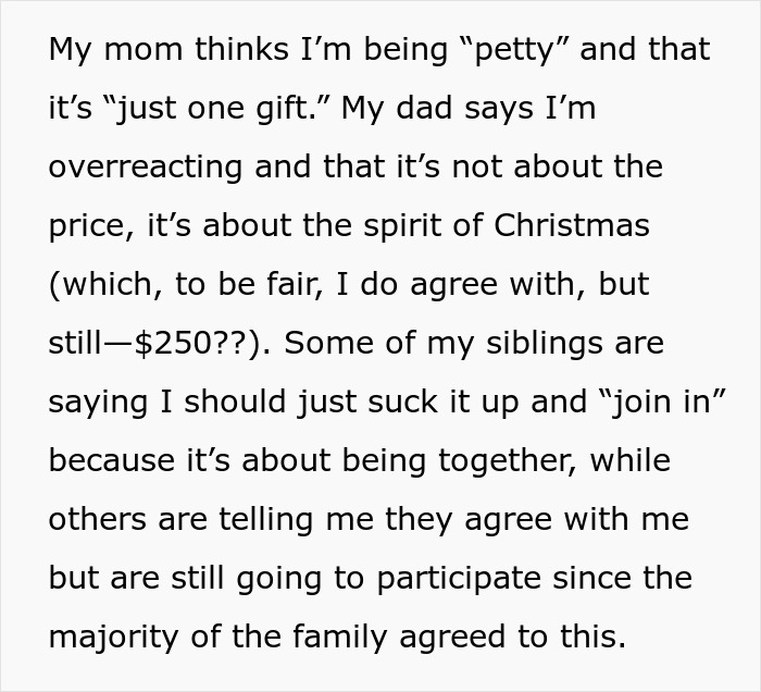 Text about family opinions on gift price for Christmas party participation. Text about family opinions on gift price for Christmas party participation.