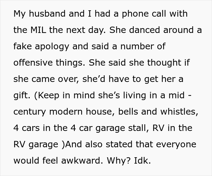 Text screenshot discussing a conversation with a MIL, mentioning a fake apology, gifts, and an awkward situation. Text screenshot discussing a conversation with a MIL, mentioning a fake apology, gifts, and an awkward situation.