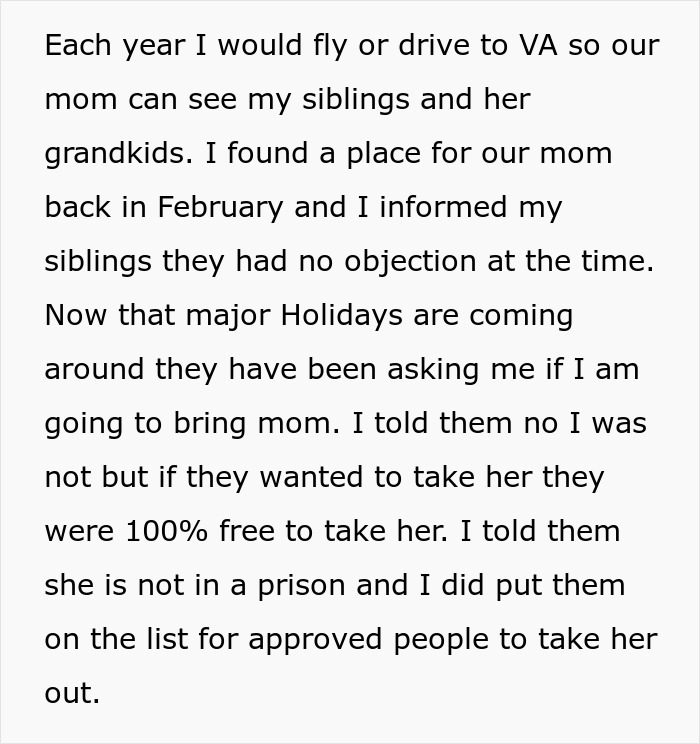 Text discussing family disagreements over placing mom in a care facility before holidays. Text discussing family disagreements over placing mom in a care facility before holidays.