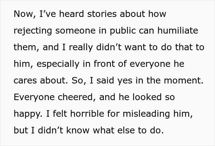 Text about private proposal rejection after a public acceptance, discussing feelings of guilt and discomfort. Text about private proposal rejection after a public acceptance, discussing feelings of guilt and discomfort.