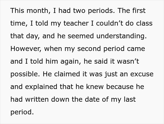 Text about a teacher clocking periods, showing misunderstanding about a student's monthly cycles. Text about a teacher clocking periods, showing misunderstanding about a student's monthly cycles.