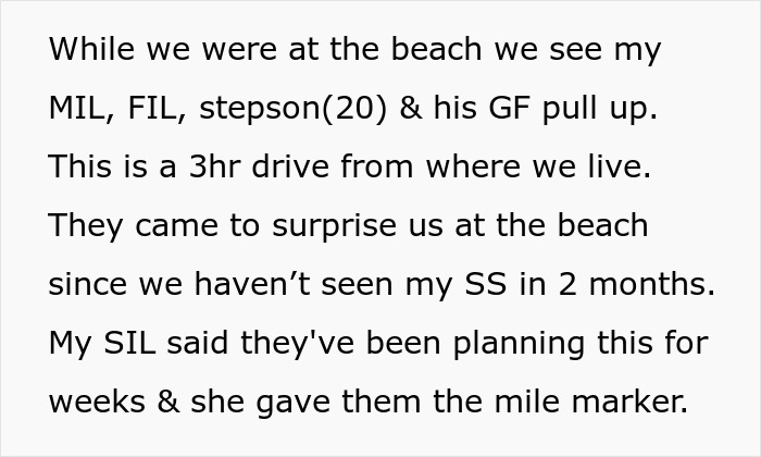 Text detailing in-laws arriving unexpectedly during a beach vacation. Text detailing in-laws arriving unexpectedly during a beach vacation.