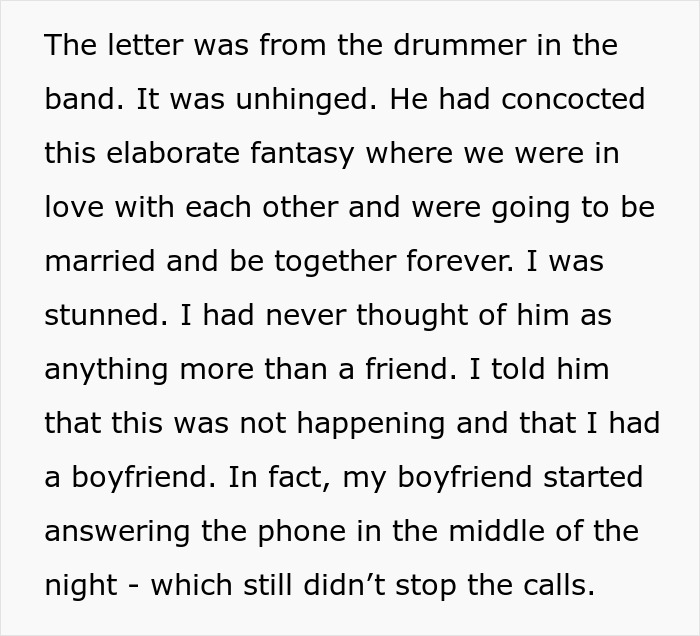 Text describing a woman's unsettling experience with a stalker from her youth. Text describing a woman's unsettling experience with a stalker from her youth.