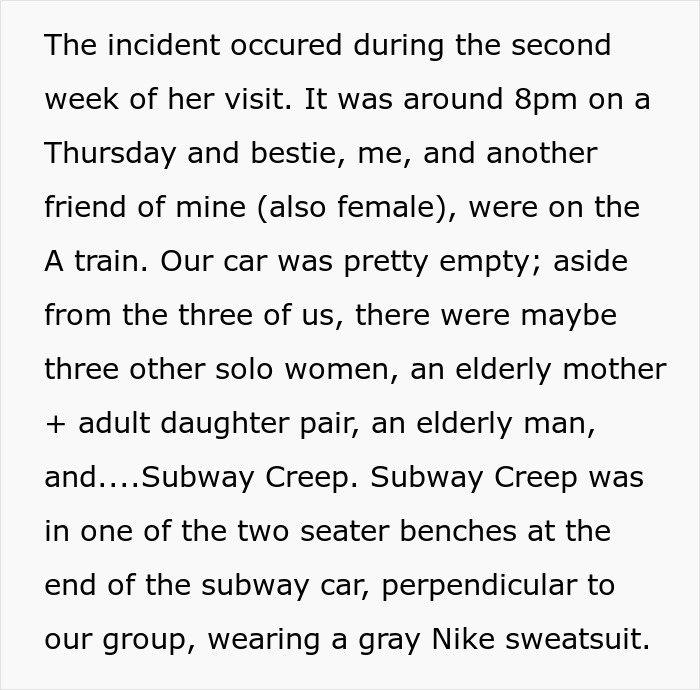 Text describing a subway incident involving a man in a gray Nike sweatsuit confronted by an outspoken woman. Text describing a subway incident involving a man in a gray Nike sweatsuit confronted by an outspoken woman.