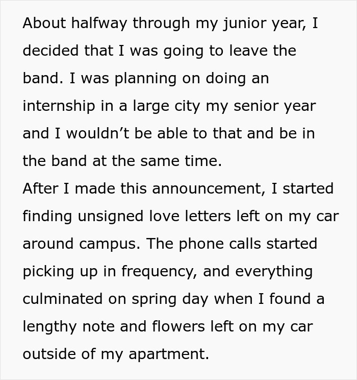 Text describing a woman's life interrupted by a stalking incident. Text describing a woman's life interrupted by a stalking incident.