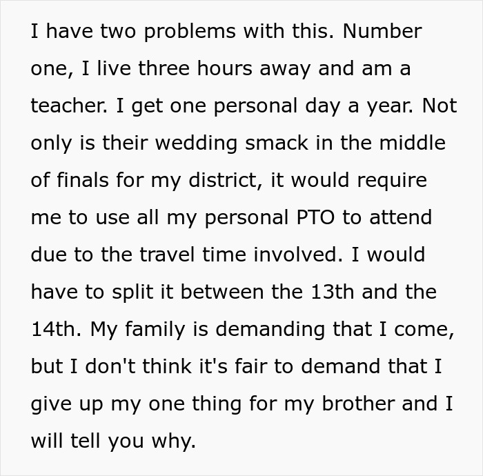Text describing the dilemma of a teacher due to brother's wedding chores. Text describing the dilemma of a teacher due to brother's wedding chores.
