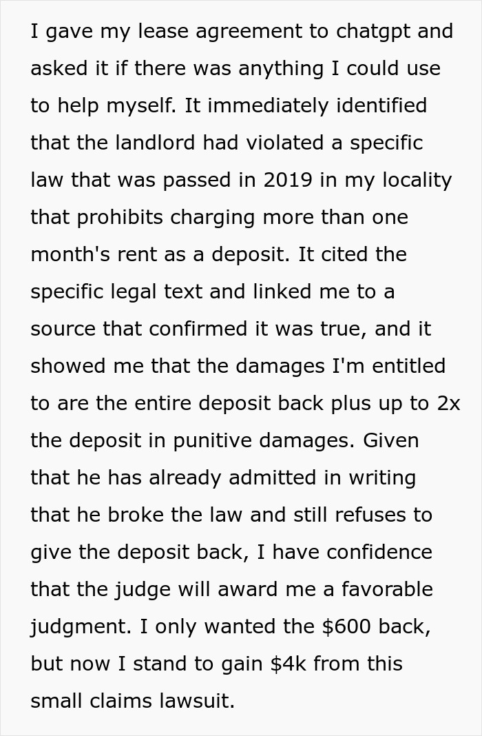 Text detailing how ChatGPT helped a tenant win court case against a landlord over deposit law violation. Text detailing how ChatGPT helped a tenant win court case against a landlord over deposit law violation.
