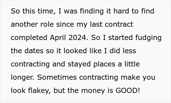 Text about lying on job applications and altering contract dates for better prospects. Text about lying on job applications and altering contract dates for better prospects.