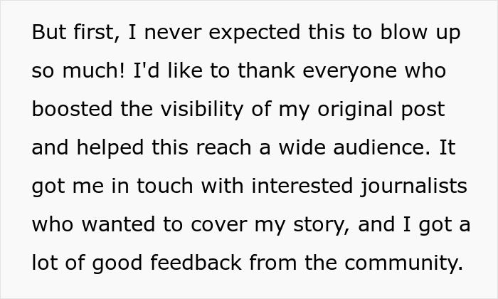 Text excerpt from a tenant sharing gratitude for support in a legal battle against a landlord. Text excerpt from a tenant sharing gratitude for support in a legal battle against a landlord.
