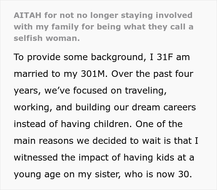 Text discussing a woman's choice to focus on career over having children, involving family conflict and personal decisions. Text discussing a woman's choice to focus on career over having children, involving family conflict and personal decisions.