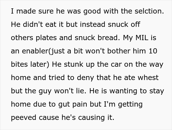 Text describing son's wheat allergy and mom's frustration with him eating bread despite her efforts. Text describing son's wheat allergy and mom's frustration with him eating bread despite her efforts.