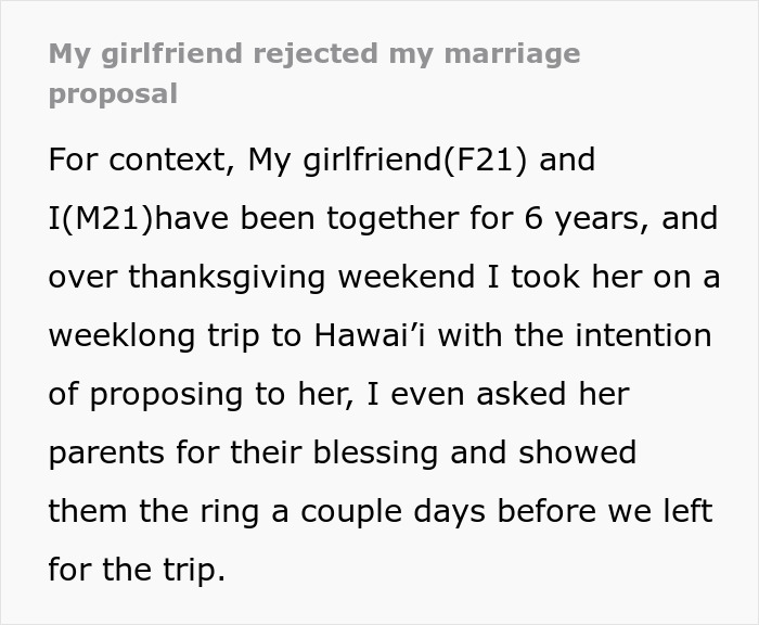 Text recounting a rejected proposal in Hawaii; girlfriend regrets decision later. Text recounting a rejected proposal in Hawaii; girlfriend regrets decision later.