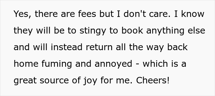 Text message expressing joy about cancelling a vacation due to someone forgetting a Christmas present. Text message expressing joy about cancelling a vacation due to someone forgetting a Christmas present.