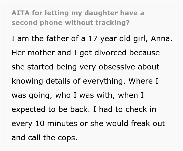 Text discusses a father allowing his daughter to have a second phone without mom's tracking. Text discusses a father allowing his daughter to have a second phone without mom's tracking.