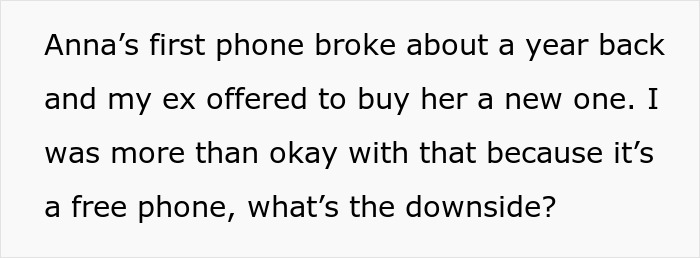 Text about a daughter getting a free phone from her mom’s ex, questioning the downside. Text about a daughter getting a free phone from her mom’s ex, questioning the downside.