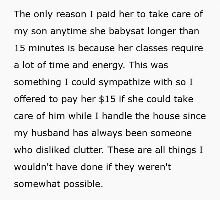 Text discussing reasons for paying sister for babysitting during her college classes. Text discussing reasons for paying sister for babysitting during her college classes.