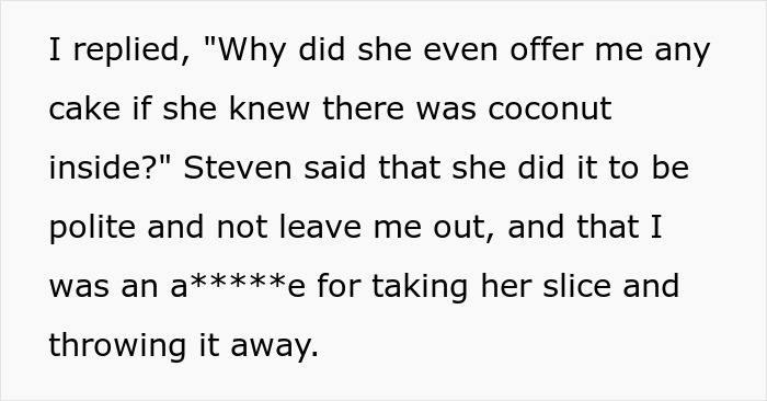 Text about refusing a cake with coconut at a birthday party for being polite. Text about refusing a cake with coconut at a birthday party for being polite.