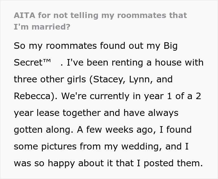 Text about roommates discovering a woman's secret marriage, impacting their living situation. Text about roommates discovering a woman's secret marriage, impacting their living situation.