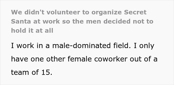 Text about female employees refusing to organize Secret Santa at a male-dominated workplace. Text about female employees refusing to organize Secret Santa at a male-dominated workplace.