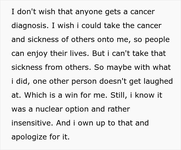 Text about wishing to take on sickness to prevent laughter at others, acknowledging it was insensitive. Text about wishing to take on sickness to prevent laughter at others, acknowledging it was insensitive.
