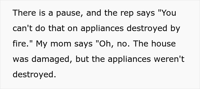 Text exchange about fire-damaged appliances and a mom's witty response. Text exchange about fire-damaged appliances and a mom's witty response.