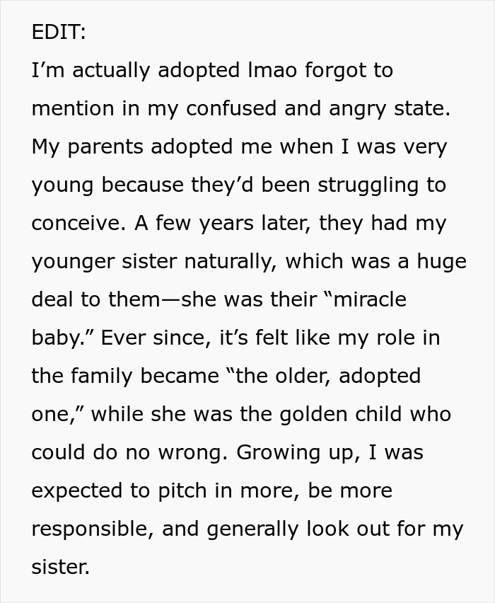 Text describing adoption and family dynamics, highlighting financial and sibling responsibilities. Text describing adoption and family dynamics, highlighting financial and sibling responsibilities.