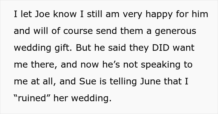 Text screenshot discussing wedding gift, attendance conflict, and accusation of ruining the wedding. Text screenshot discussing wedding gift, attendance conflict, and accusation of ruining the wedding.