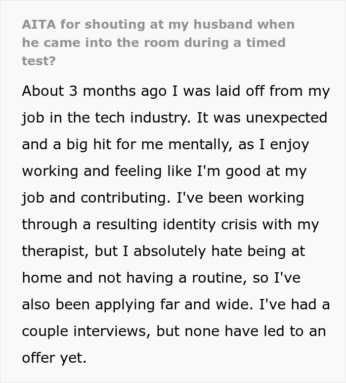 Text discussion about a woman's reaction to her husband interrupting a crucial job test. Text discussion about a woman's reaction to her husband interrupting a crucial job test.