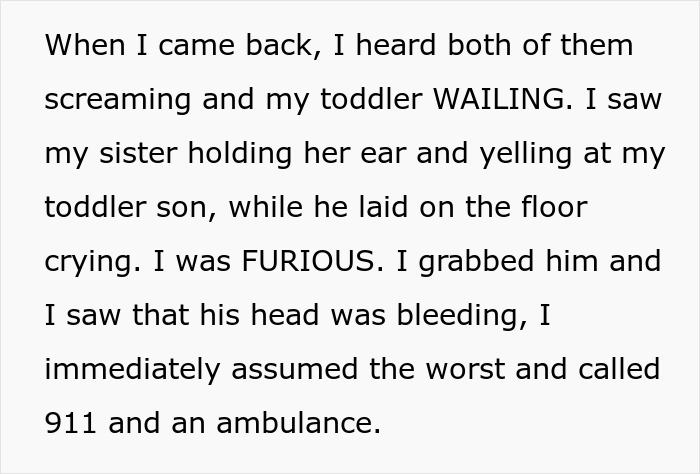 Text describing a toddler's concussion incident with sibling, leading to emergency call. Text describing a toddler's concussion incident with sibling, leading to emergency call.