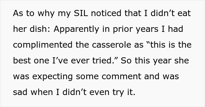 Text discussing a sister-in-law's disappointment over an uneaten Thanksgiving dish. Text discussing a sister-in-law's disappointment over an uneaten Thanksgiving dish.