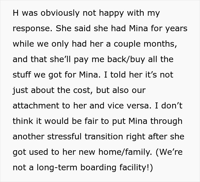 Text screenshot about rehoming a cat named Mina and the emotional attachment involved. Text screenshot about rehoming a cat named Mina and the emotional attachment involved.