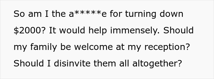 Text about a dilemma regarding a $2000 bribe related to changing a wedding date. Text about a dilemma regarding a $2000 bribe related to changing a wedding date.