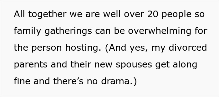 Text describing a large, harmonious family gathering with over 20 people, mentioning divorced parents getting along. Text describing a large, harmonious family gathering with over 20 people, mentioning divorced parents getting along.