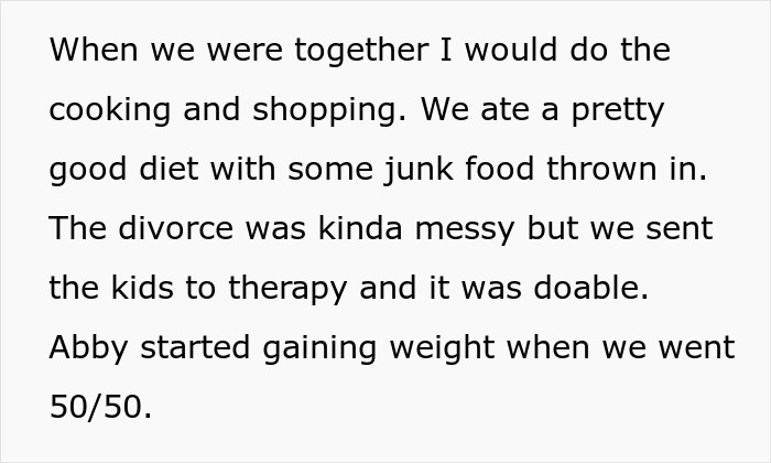Text discussing daughter's junk food diet and parents' divorce issues, mentioning therapy and weight gain. Text discussing daughter's junk food diet and parents' divorce issues, mentioning therapy and weight gain.