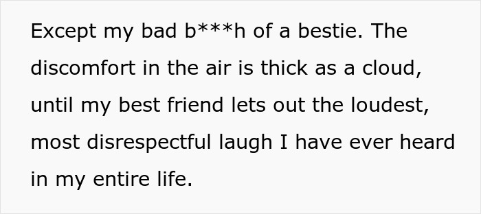 Text image depicting a humorous account of a friend's disrespectful laughter breaking thick discomfort. Text image depicting a humorous account of a friend's disrespectful laughter breaking thick discomfort.