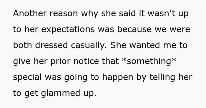 Text about a proposal rejection due to not meeting expectations, focusing on casual attire and lack of prior notice for a special event. Text about a proposal rejection due to not meeting expectations, focusing on casual attire and lack of prior notice for a special event.