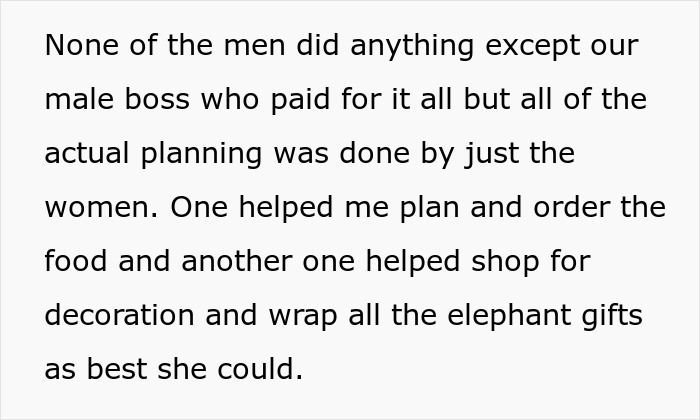 Text discussing planning of an office Christmas party, highlighting women's contributions and men's lack of involvement. Text discussing planning of an office Christmas party, highlighting women's contributions and men's lack of involvement.