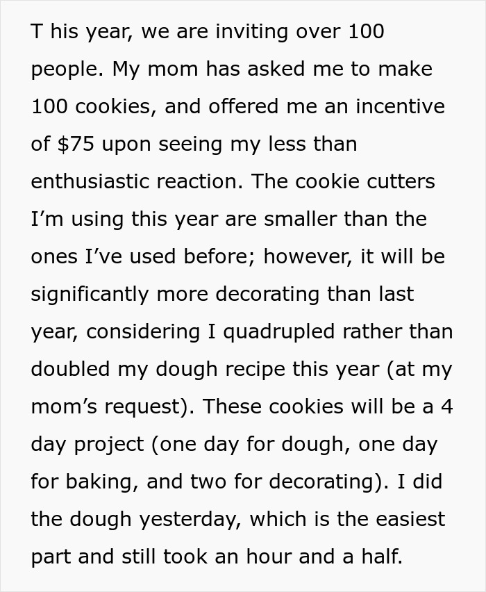 Text describing a daughter preparing Christmas cookies, including a parent's incentive. Text describing a daughter preparing Christmas cookies, including a parent's incentive.