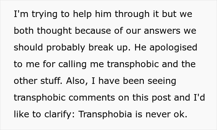 Text discussing challenges in a relationship, addressing transphobia, and the importance of acceptance. Text discussing challenges in a relationship, addressing transphobia, and the importance of acceptance.