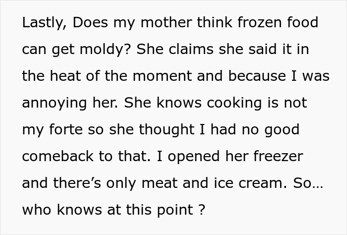 Text questioning if frozen food gets moldy, reflecting on Thanksgiving dish concerns. Text questioning if frozen food gets moldy, reflecting on Thanksgiving dish concerns.